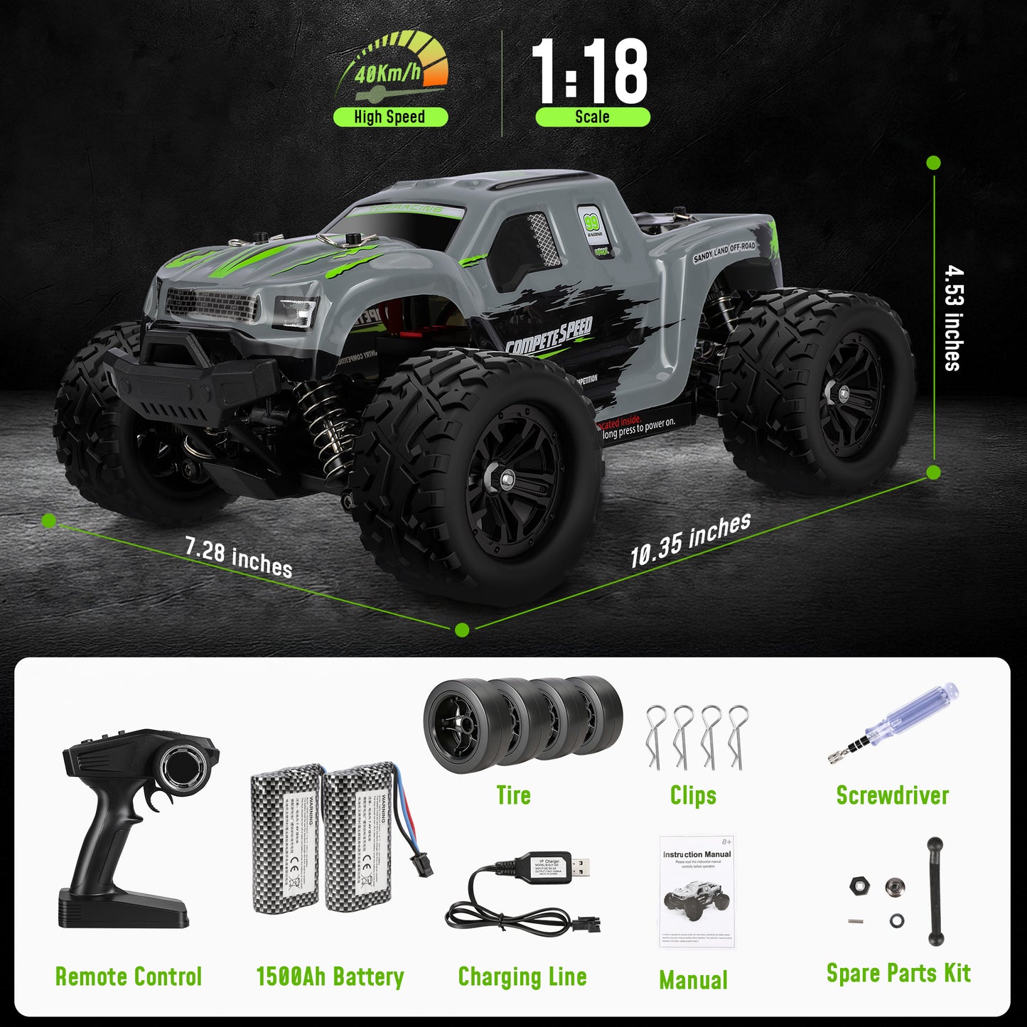 Tcovle RC Cars for Adults, 1:18 Fast Remote Control Car, 36KM/H High-Speed RC Truck 4WD w/ Gyro Stabilization, Monster Truck Toy Gift for Kids Boys, 2 Batteries & Spare Drift Tires